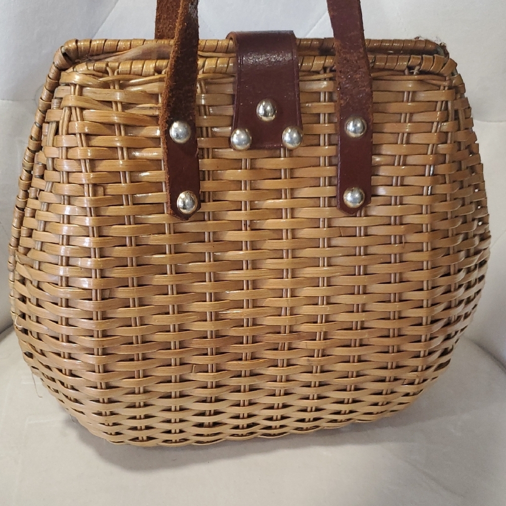 Simon Hand Made Wicker Brown Leather Top Handle Woven Satchel Bag - Picture 3 of 15